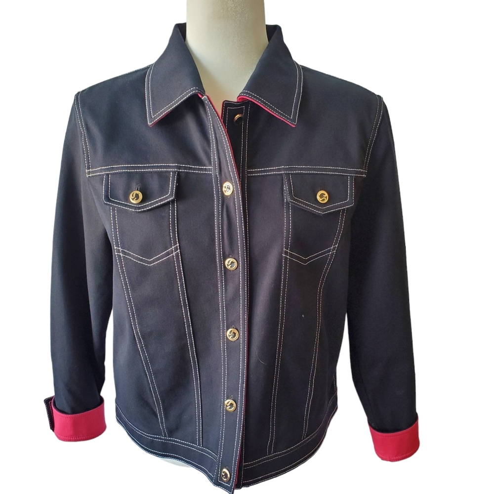 St John Sport Jean Jacket Womens Small Contrasting Cuff Stretch Black Hot Pink S